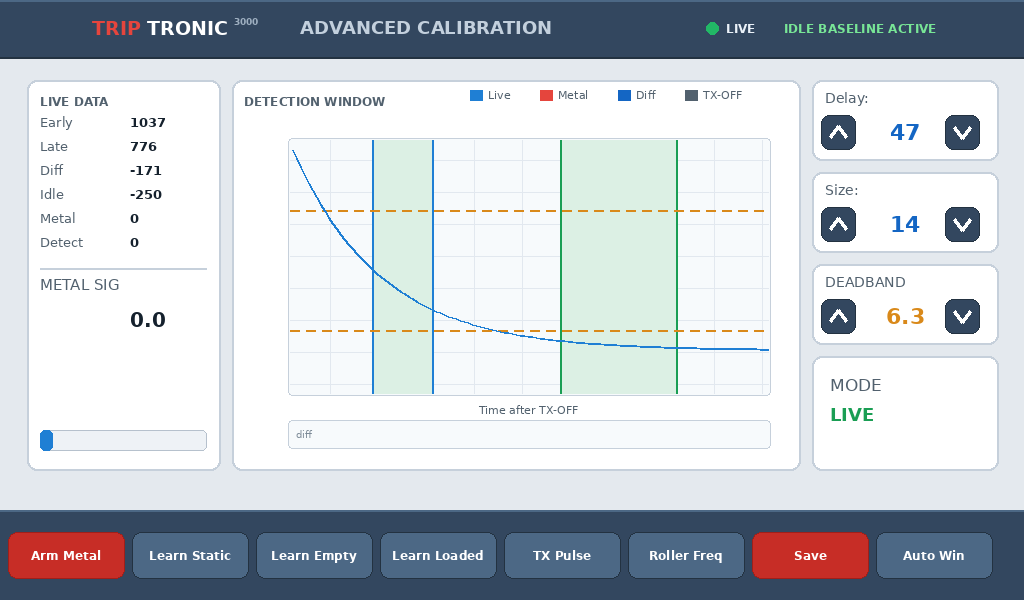 Advanced Calibration screen: live data, detection window plot with early and late windows, Delay, Size and Deadband controls