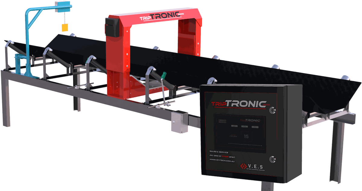 TripTronic 3000 tramp metal detector frame over a conveyor, with controller and Flag Drop Marker