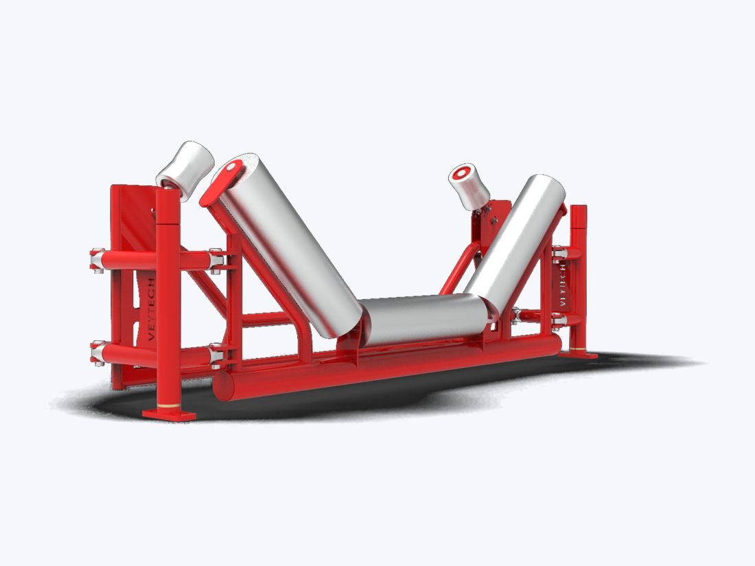 Trough Tracker: five-pivot frame with rubber-lagged rollers