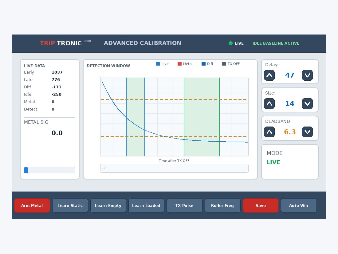 Advanced Calibration screen: detection window and live data